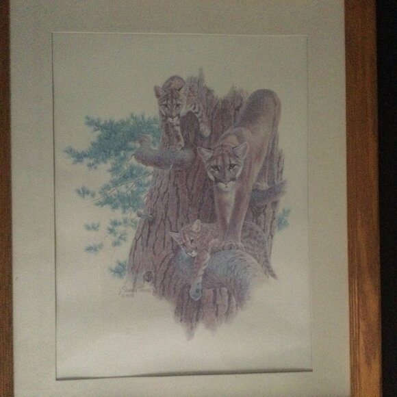 Vintage J Sharkey Thomas 1979 art print tiger and cubs in solid wooden frame - Picture 2 of 9